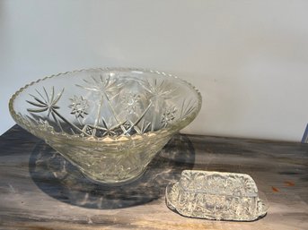 MCM Pressed Glass Punch Bowl & Butter Dish