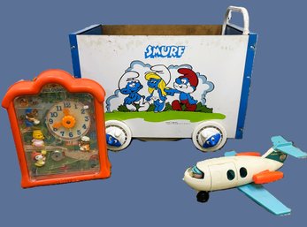 Lot Of Three Vintage Toys-Mattel Fun O'clock, Fisher Price Airplane & Smurfs Rolling Toy Box For Parts/repairs
