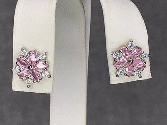 Spectacular Sterling Silver / 925 Flower Petal Earrings With Pink Tourmaline & Sparkling White Zircons