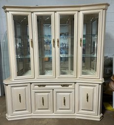 Huge Light Wood Lighted Buffet Hutch With Etched Glass Door Panes