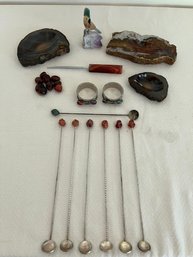Assorted Stone And Agate Decor And Barware - Spoons With Pressed Brazilian 1901 200 Reis Coins