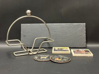 Assorted Hostess Items: Slate Cheese Board, Napkin Holder & Coasters