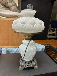 Milk Glass Hurricane Lamp With Brass Trim