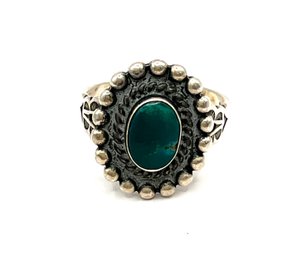 Vintage Native American Sterling Silver Turquoise Color Stone Ornate Ring, Size 6.5