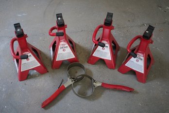 Lot Of Four 2 Ton Jack Stands By Hyper Tough With Two Oil Filter Wrenches