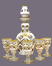 Beyond Beautiful-Genuine JFS Bohemia Glass Decanter And Cordial Glasses-White Cut To Yellow-Czechoslovakia