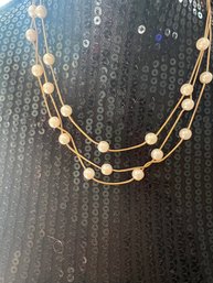 Lovely Triple Stranded Gold With Pearl Beaded Necklace