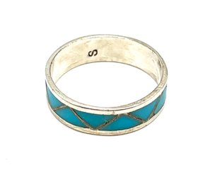 Vintage Sterling Silver Southwestern Turquoise Color Inlay Band, Size 9.5