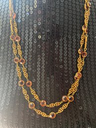 Double Strand Gold Necklace With Bezeled Amber Glass Beads