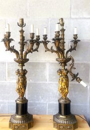 Two Figural Gilt Bronze Candelabra Lamps
