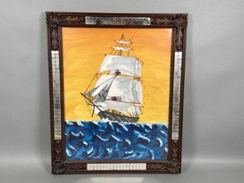 Painted Ship Scene With Unique Mirror Tile Frame