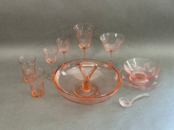 A Selection Of Etched Depression Glass In Pink