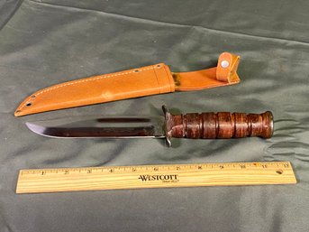 US Camillus Sword Brand Fixed Blade Bowie Knife Stacked Leather Handle 12in Long Clean Circa 1960s