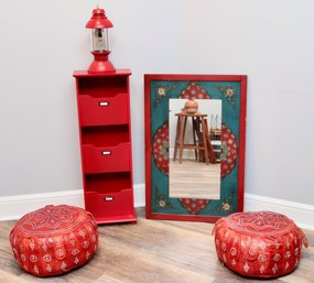 Candy Apple Red  Boho Chic Emsemble Of  Floor Cushions, Mirror, File Organizer,  And Lantern 5 Pcs