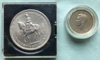 2 Coins - Queen Elizabeth Coronation 1953 Five Shilling & King George VI 1951 One Shilling