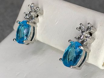 Wonderful Brand New 925 / Sterling Silver Earrings With Faceted London Blue And White Topaz Earrings - WOW !