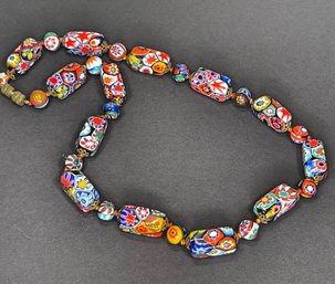 Vintage Square Formed Millefiori Art Glass Beaded Necklace