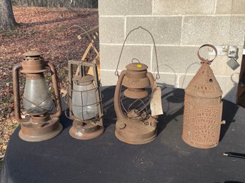 THREE LANTERNS AND ONE PIERCED TIN LAMP