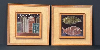 Pair Of Mid - Century Modern Hand Painted Tiles By Harris G. Strong In Double Wooden Frame W/ Imported Linen