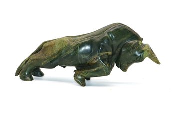 Large Green Stone Carving Raging Bull Heavy Piece!!!