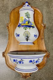 Vintage French Quimper Lavabo Mounted On Wood