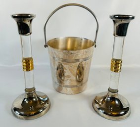 Lot Of 2 Mixed Metal And Lucite Candlesticks And A Silver Bucket/vase With Frog