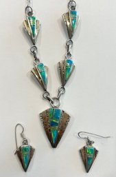 Beautiful Blue/Green Opal Necklace & Earring Set W/ 14k Gold & 925 Silver