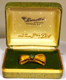 Van Del Vintage Gold Filled And Jade Stone Bow Shaped Brooch In Original Box