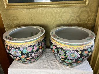 Pair Of Vintage Large Chinese Style Glazed Pottery Fishbowls