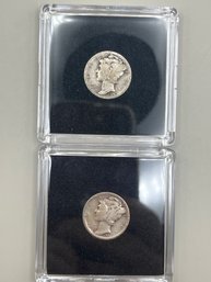 2 Beautiful Mercury Dimes In Plastic Cases