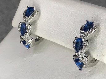 Very Elegant 925 / Sterling Silver Earrings With White Zircons And Navy Blue Topaz - Very Expensive Look !