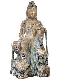 A Large Vintage CHINESE CARVED WOODEN GUANYIN Figure - Over 3' IN Height