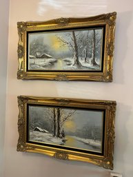 Pair Of Two Winter Wonderland Oil On Canvas Painting In Ornate Frames - Signed S. Ronsom 30' X 20'