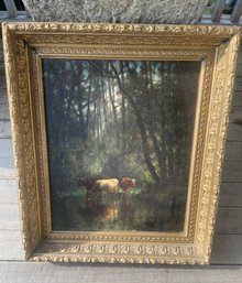 19th Century American Painting. Cows Drinking In A Landscape In The Pond  Oil On Canvas .