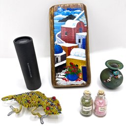 Small Caribbean Painting On Wood, Mini Raku Vase, Beaded Lizard, Kaleidoscope & Natural Gems In Mini Bottles