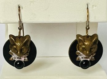 COPPER TONE AND BLACK STONE CAT EARRINGS