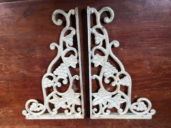 Very Nice Pair Of Ornate Victorian Style Cast Iron Brackets With Grape Vine Motif Newer Ivory Color Paint