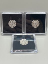 3 Beautiful Mercury Dimes In Plastic Cases