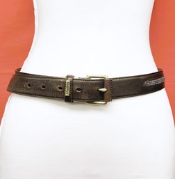 Vintage Burberrys Brown Leather Belt With Blue Plaid Inset- Size 38