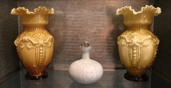 Pair Of Fused Encased Glass Amber Ruffled Vases And White Speckled Glass Perfume  Bottle