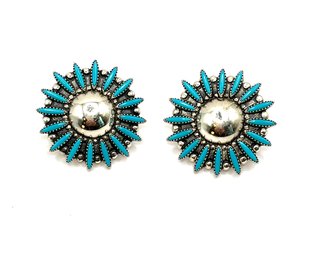 Beautiful Vintage Sterling Silver Southwestern Turquoise Color Clip On Earrings