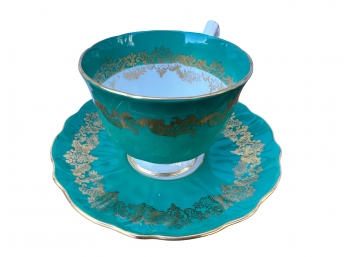 Rare Aynsley England Bone China - Turquoise And Gold Cup & Saucer