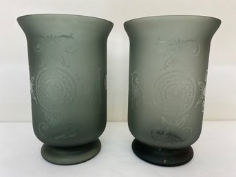 Pair Of Smoked Acid Etched Vases (2)