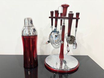 Glo-Hill 6 Piece Bar Tool Set With Carousel Stand In Cherry Bakelite And Chrome