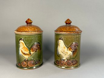 Two Ceramic Handpainted Rooster Cannisters