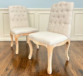 A Pair Of Carved Oak Louis XVI Style Side Chairs In Cean Linen With Nailhead Trim