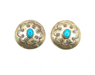 Vintage Southwestern Style Engraved With Turquoise Color Stone Clip On Earrings