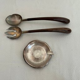 2pc Sterling Salad Servers With Carved Wooden Handles & Sterling Peruvian Coin Impressed Dish