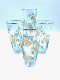 Set Of 4 Vintage Teal & Gold Trim Pinecone Pattern Iced Tea Glasses By Libbey