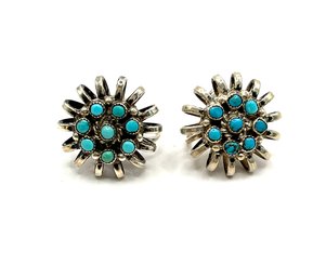 Vintage Sterling Silver Intricate Turquoise Color Screw On Earrings